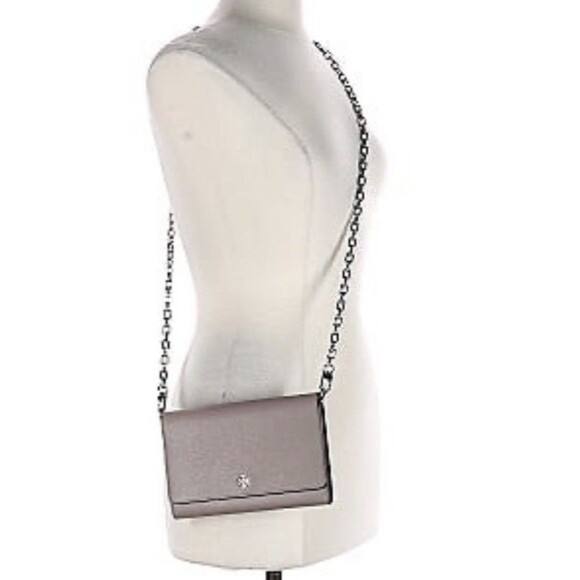 Tory Burch Robinson Leather Chain Wallet Shoulder Crossbody Bag Clutch Gray - Picture 3 of 12